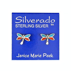 Earrings Dragonfly Sterling Silver Turquoise and Simulated Coral Inlay Tiny Minimal Ear Studs 3505