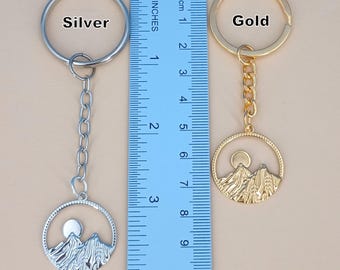 Mountain Moon Scene Keychain, Metal Key Ring, Gold or Silver 321-KC