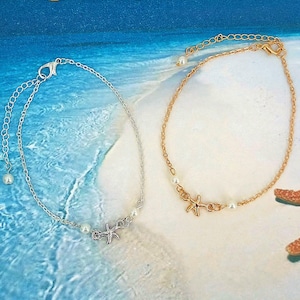 Starfish and Pearls Anklet Silver or Gold Adjustable Chain 9 to 11-inches Surfer Beach Girl Ankle Bracelet 5004