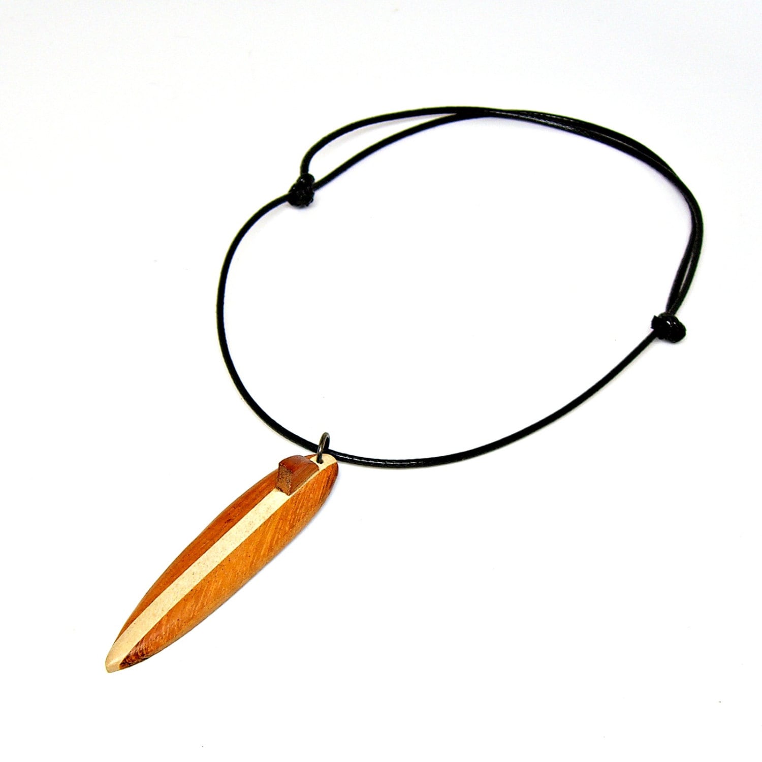 Collier Réglable Avec Pendentif Surf En Bois Peint – Main, Noir Et Fleur, Neuf Sans Emballage