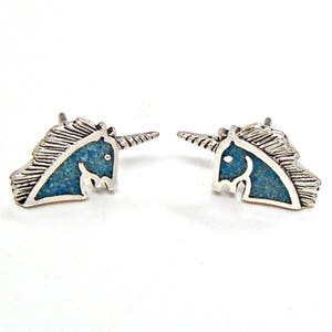 Earrings Unicorn Turquoise Inlay Sterling Silver Tiny Minimal Ear Studs 3425