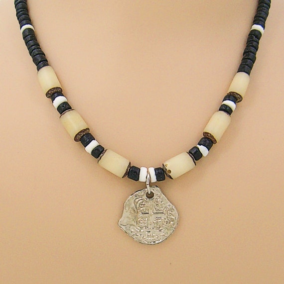 Pirate Spanish Coin Necklace 18 21 24 Black Coconut Beads, Puka Sea Shell  and Buri Palm Beach Surfer Treasure 7027-66 