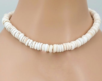 Large Puka Shell Necklace Chunky 11-12mm Real Sea Tumbled Round Hawaiian Natural Shell Beach Vintage, Surfer Necklace, SUP 18 Inches PSN-2