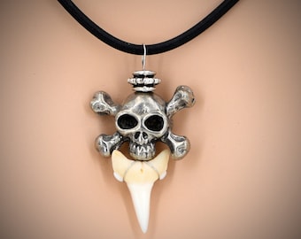 Shark Tooth Necklace with Skull and X-bones Pewter Bead-choice of 14_16_18_20-inch lengths Pirate Jewelry 7200