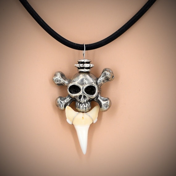 Shark Tooth Necklace With Skull and X-bones Pewter Bead-choice of