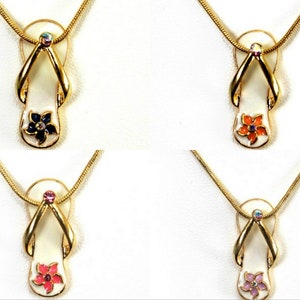 Plumeria Flower Flip Flop Several Color Combos Available with Crystals Gold Plated Charm Pendant Necklace 1482
