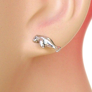 Manatee Earrings Sterling Silver Sea Life Tiny Minimal Animal Beach Pierced Tiny Ear Studs, Post Earrings 3487