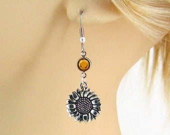 Sunflower Birthstone Silver Earrings Jewelry Ear Wires with Pearl Floral Flowers 90EW-40CN