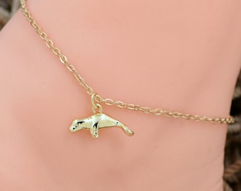 Anklet Manatee on Gold Plated Cable Chain 9, 10,11 or 12 Inches 1005-104