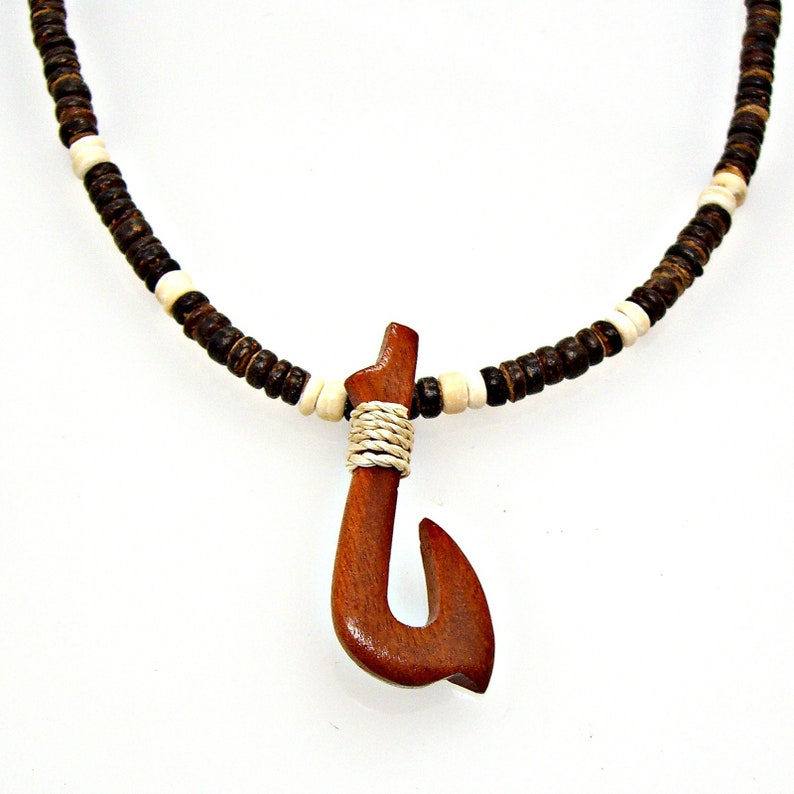 Fish Hook Necklace Hand Carved Jute Wrapped Wood on Coconut Etsy