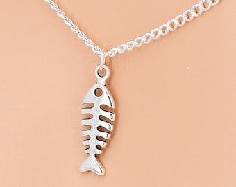 Fish Bones Pendant on Stainless Steel Curb Chain Necklace 15, 16, 18, 20" Fisherman Fishing 9031-320