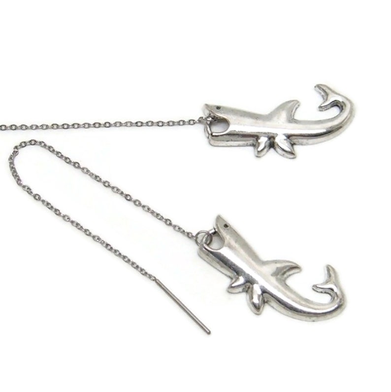 SHARKS Ear Threads Threader Earrings Pair Silver 5.25 Adjustable Length 76ET image 1