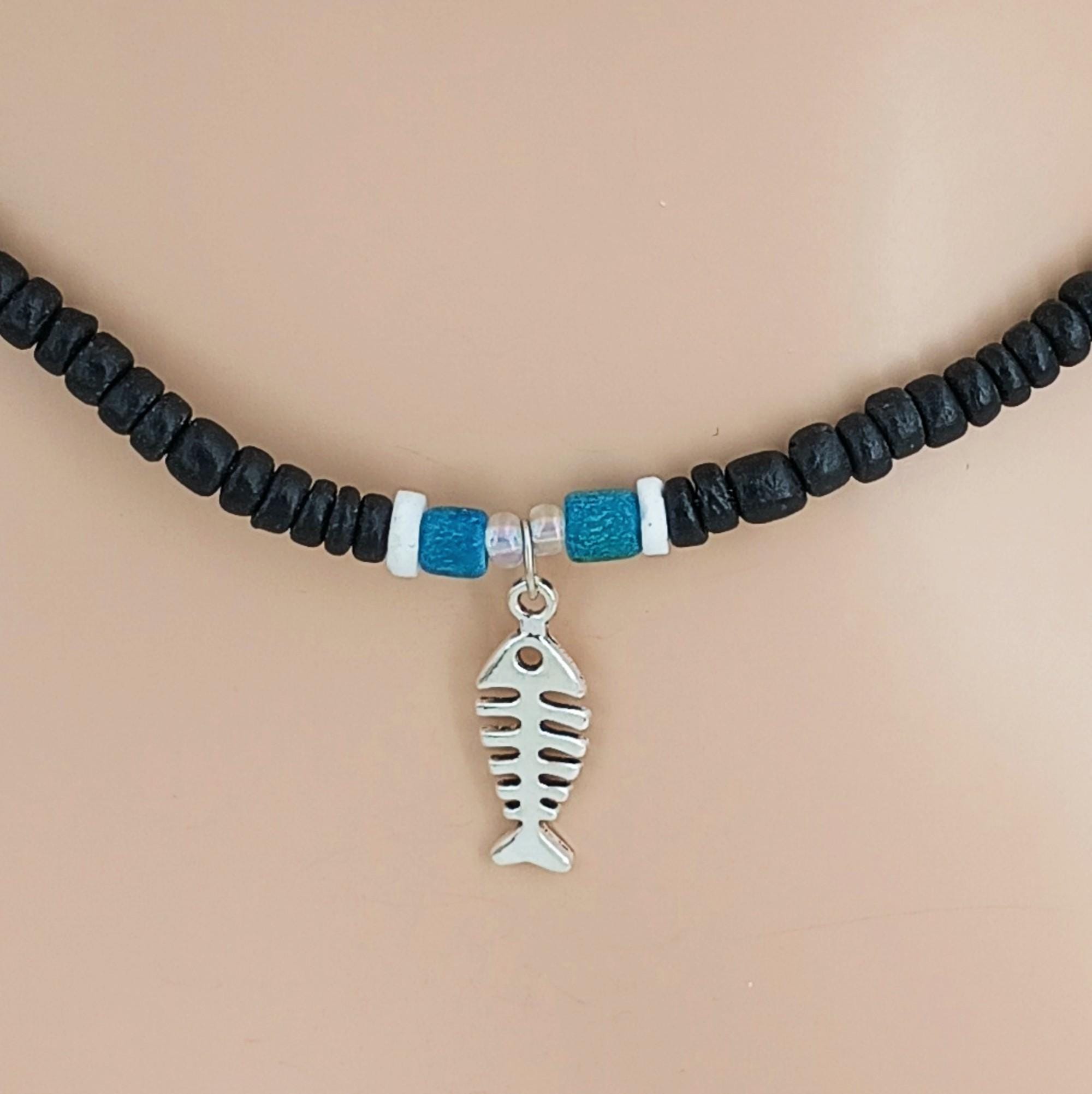 Fish Bones Necklace Choice of 18, 21, 24-inch lengths Black, Blue Coconut Beads Puka Seashell Beads 7050-320