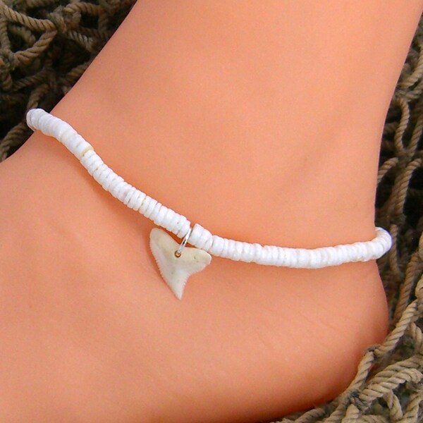 Shark Tooth Puka Shell Anklet, Adjustable, White 3-4mm Shell Beads, 9" to 12" Hawaiian Surfer Beach Sea Shell 5235-WUT