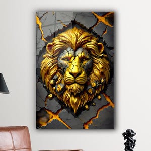 Lion Glass Wall Art, Lion Glass Wall Decor, Tempered Glass Wall Art, Extra Large Glass Wall Art Decor, Gold Lion Glass Wall Art Decor