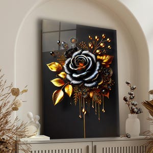 Black Rose Glass Wall Art, Rose Glass Wall Decor, Tempered Glass Wall Art, Black & Gold Rose Glass Wall Art Decor, Large Glass Wall Decor