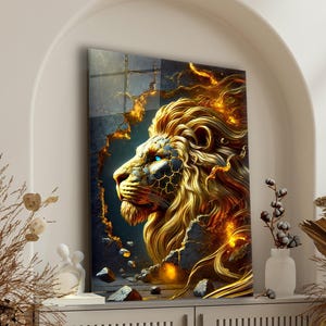 Lion Glass Wall Art, Lion Glass Wall Decor, Tempered Glass Wall Art, Extra Large Glass Wall Art Decor, Gold Lion Glass Wall Art Decor