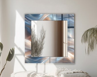 Light Blue Wavy Tempered Glass Wall Mirror: Modern Home Decor