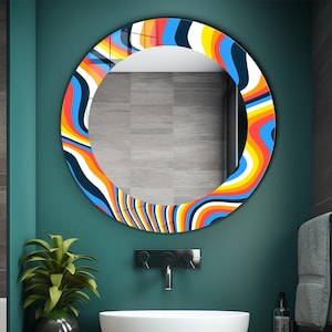Round Mirror Wall Decor, Colorful Vanity Mirror, Vibrant Colorful Mirror Decor for Bathroom, Decorative Glass Mirror Decor, Unique Mirror