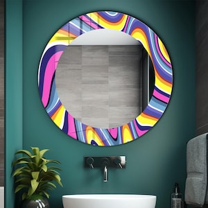 Round Mirror Wall Decor, Colorful Vanity Mirror, Vibrant Colorful Mirror Decor for Bathroom, Decorative Glass Mirror Decor, Unique Mirror