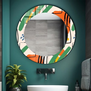 Stylish Tempered Glass Mirror Wall Decor - Mirror for Bathroom, Entryway & Bedroom - Bohemian Decorative Mirrors - Orange and Green Mirror