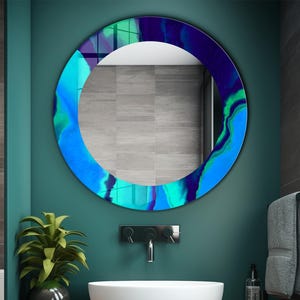 Elegant Tempered Glass Mirror Wall Decor for Bathroom & Vanity - Blue Decorative Mirror for Contemporary Homes - Vibrant Blue Round Mirror