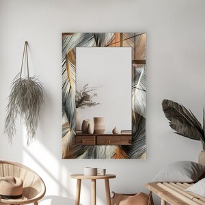 Living Room Mirror, Mirror Wall Decor for Bathroom, Bedroom Wall Mirror, Large Mirror, Glass Mirror Decor, Feather Theme Mirror Decor