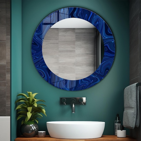Navy Blue Tempered Glass Round Wall Mirror: Decorative Bathroom Vanity Mirror