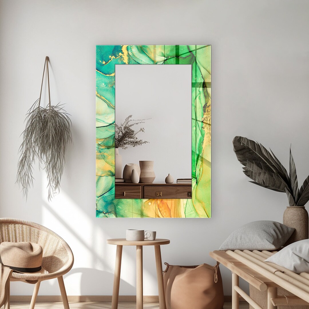 Green & Yellow Marble Abstract Mirror for Living Room, Hallway Mirror ...
