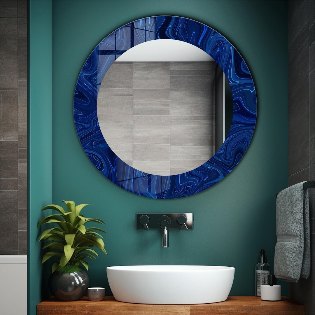 Navy Blue Tempered Glass Round Wall Mirror: Decorative Bathroom Vanity ...