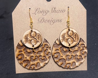 Wood laser engraved monogrammed earrings cheetah print