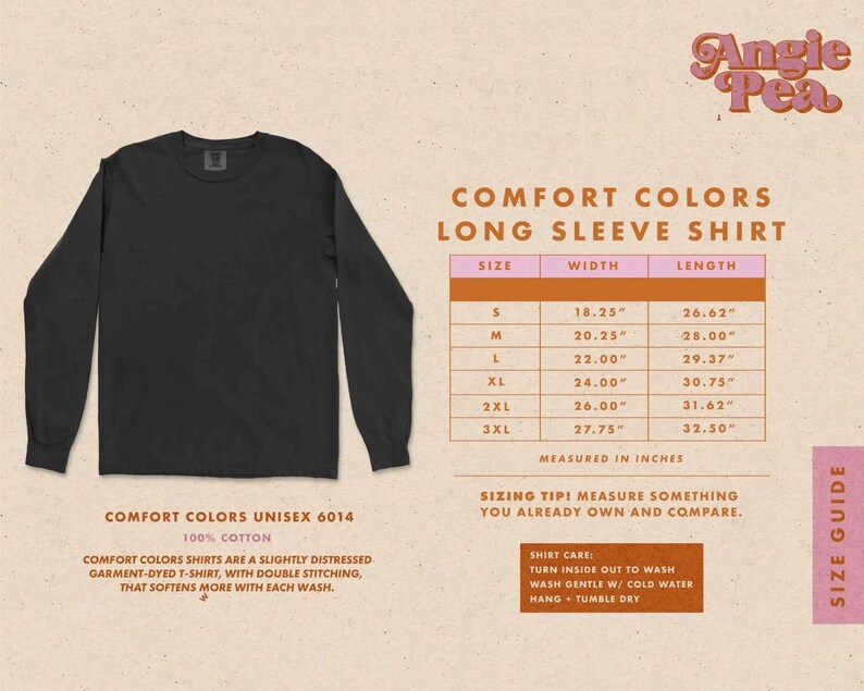 May include: A black long-sleeve shirt with the text "Comfort Colors Unisex 6014 100% Cotton" and a size chart with width and length measurements in inches.