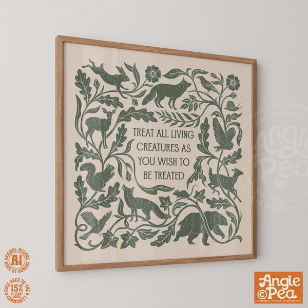 Animal Wall Art, Animal Rights and Kindness Print with rabbits wolves squirrels bears and birds, Treat animals as you wish to be treated