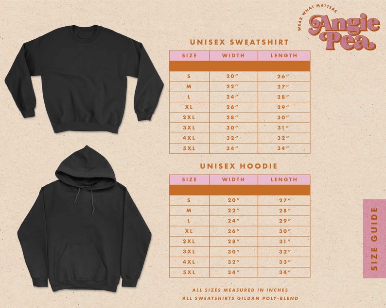 May include: Size chart for unisex sweatshirts and hoodies. The chart shows the width and length measurements in inches for sizes S through 5XL.