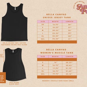 May include: A size chart for Bella Canvas unisex and women's tank tops. The chart shows the width and length measurements in inches for each size, from XS to 2XL. The chart is printed on a pink background with black text.