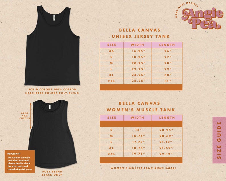 May include: A size chart for Bella Canvas unisex and women's tank tops. The chart shows the width and length measurements in inches for each size, from XS to 2XL. The chart is printed on a pink background with black text.