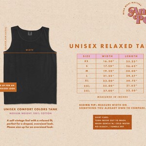 May include: Unisex relaxed tank top size chart with measurements in inches. The chart shows the width and length of the tank top in sizes XS to 3XL. The tank top is made of 100% cotton.