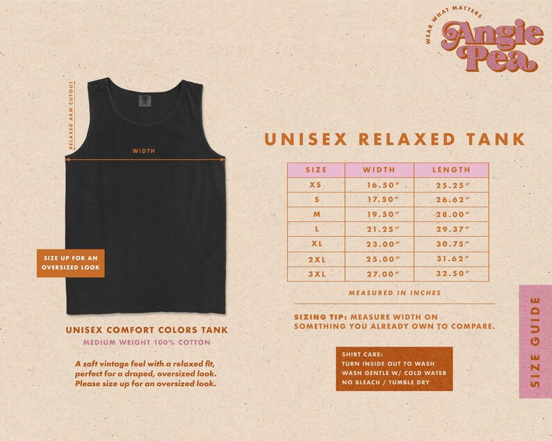 K&ouml;nnte beinhalten: Gr&ouml;&szlig;entabelle f&uuml;r ein Unisex-Relaxed-Tanktop mit Ma&szlig;en in Zoll. Die Tabelle zeigt die Breite und L&auml;nge des Tanktops in den Gr&ouml;&szlig;en XS bis 3XL. Das Tanktop besteht aus 100% Baumwolle.