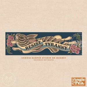 May include: A blue and white banner with the text "RESIST TYRANNY" is held by a brown rabbit with pink flowers on either side. The banner is in a vintage style with a brown border and white text. The rabbit is in a running pose with its ears perked up.