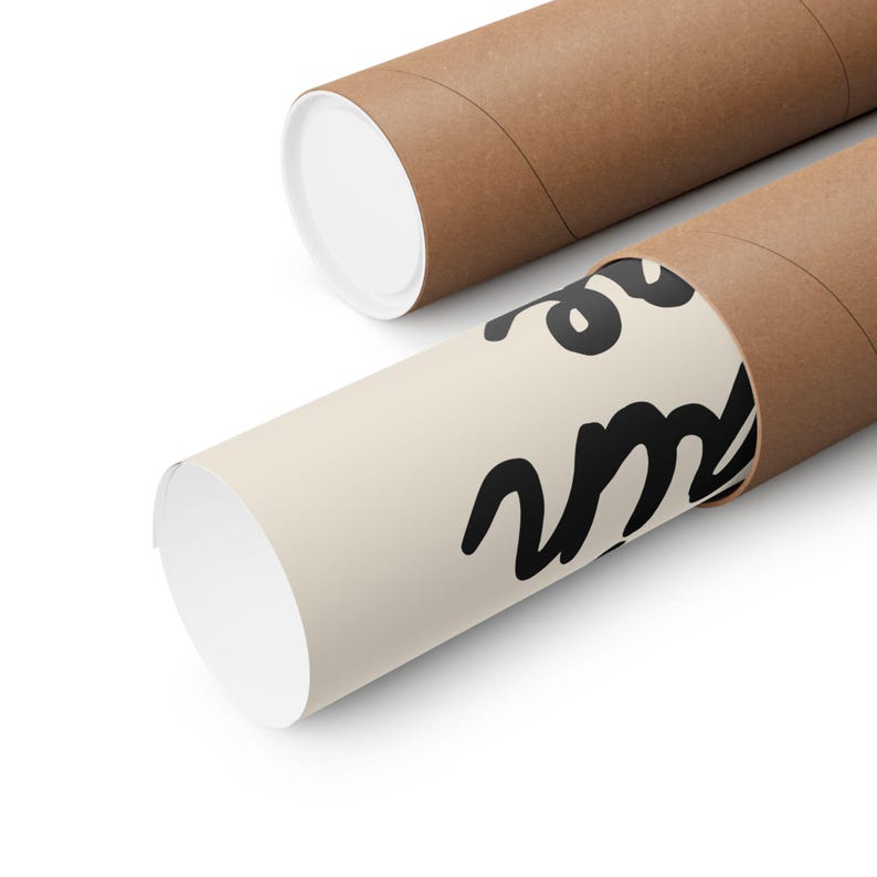 May include: Two brown cardboard poster tubes, one open to reveal a poster with black script on a cream background. The second tube is closed with a white cap. The poster's design is partially visible.