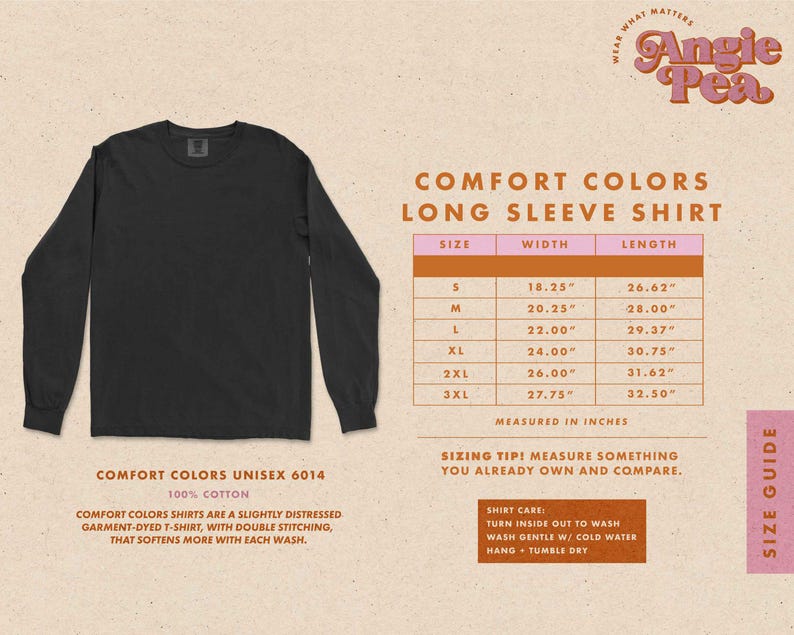 May include: A black long-sleeve shirt with the text "Comfort Colors Long Sleeve Shirt" and a size chart in inches. The shirt is made of 100% cotton and is slightly distressed.
