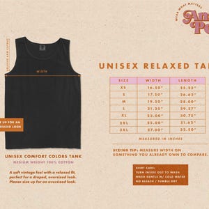 May include: Unisex relaxed tank top size chart with measurements in inches. The chart shows the width and length of the tank top in sizes XS to 3XL. The tank top is made of 100% cotton.