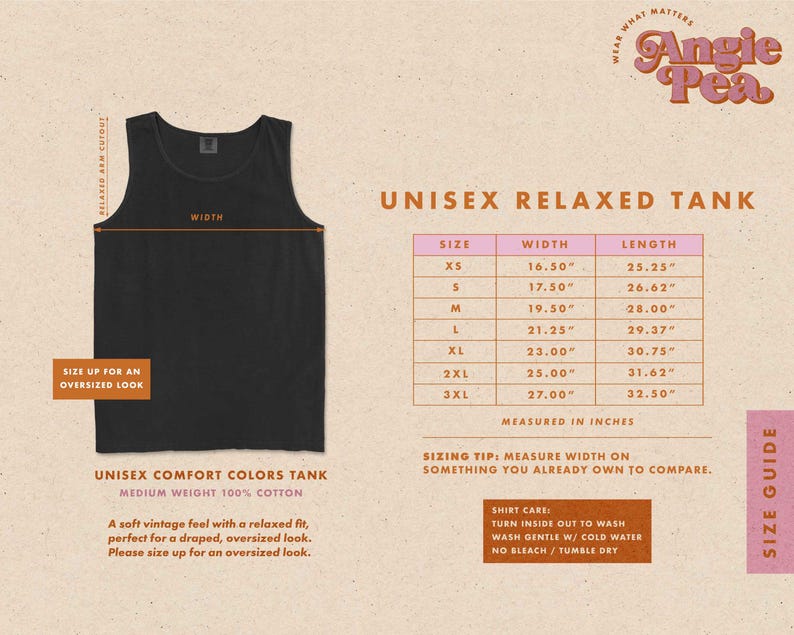 May include: Unisex relaxed tank top size chart with measurements in inches. The chart shows the width and length of the tank top in sizes XS to 3XL. The tank top is made of 100% cotton.
