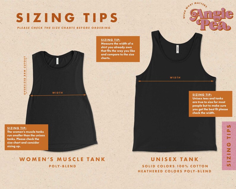 May include: Sizing tips for women's and unisex muscle tanks. The image shows two tank tops, one black and one gray, with measurements for width. The text "Sizing Tips" is at the top of the image, and the text "Women's Muscle Tank" and "Unisex Tank" are below the images. The text "Please check the size charts before ordering" is at the top of the image.