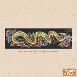 May include: A green snake wrapped around a banner with the words "Protect Trans Folks" in yellow letters. The snake is surrounded by pink roses with green leaves on a black background.