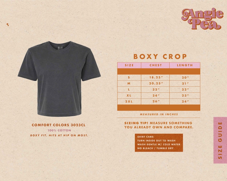 May include: A size chart for a boxy crop top, made of 100% cotton. The chart shows the chest and length measurements in inches for sizes S, M, L, XL, and 2XL. The text "BOXY CROP" is at the top of the chart. The text "COMFORT COLORS 3023CL" is below the image of the shirt. The text "BOXY FIT. HITS AT HIP ON MOST." is below the text "COMFORT COLORS 3023CL".