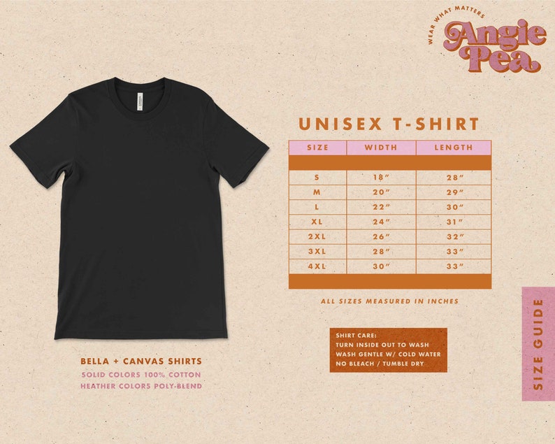 May include: Unisex t-shirt size chart with measurements in inches. The chart shows sizes S through 4XL with corresponding width and length measurements. The chart is on a pink background with a brown border.