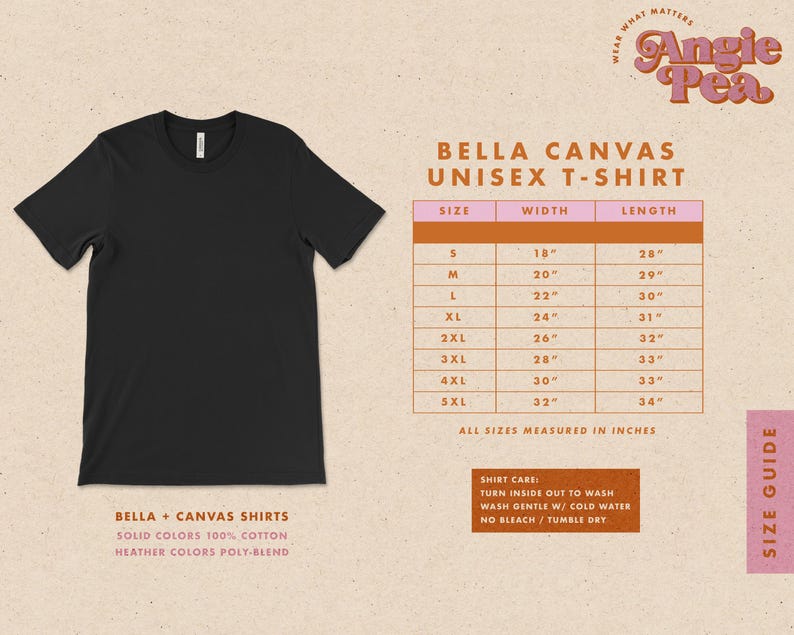 May include: A black Bella + Canvas unisex t-shirt with a size chart. The chart lists sizes S to 5XL, with measurements in inches. The shirt is made of 100% cotton in solid colors and poly-blend in heather colors. The image also includes shirt care instructions.
