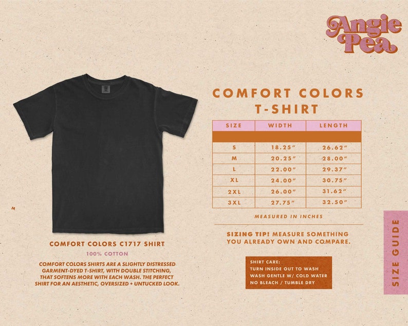 May include: A black, 100% cotton t-shirt with a slightly distressed, garment-dyed look. The shirt has double stitching and a relaxed, oversized fit. The size chart shows measurements in inches for sizes S through 3XL.