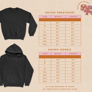 May include: Size chart for unisex sweatshirts and hoodies. The chart shows the width and length measurements in inches for sizes S through 5XL.